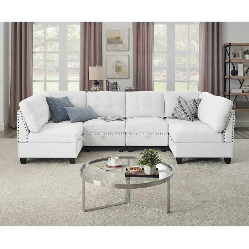 DIY Combination Modular Sectional Sofa with Hidden Storage and Copper Nail Inlays