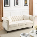 Beige Velvet Chesterfield 3 Seater Sofa with Rolled Arms, Nailhead Trim, 2 Pillows