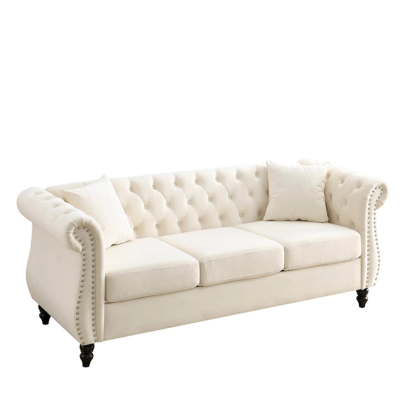 Beige Velvet Chesterfield 3 Seater Sofa with Rolled Arms, Nailhead Trim, 2 Pillows