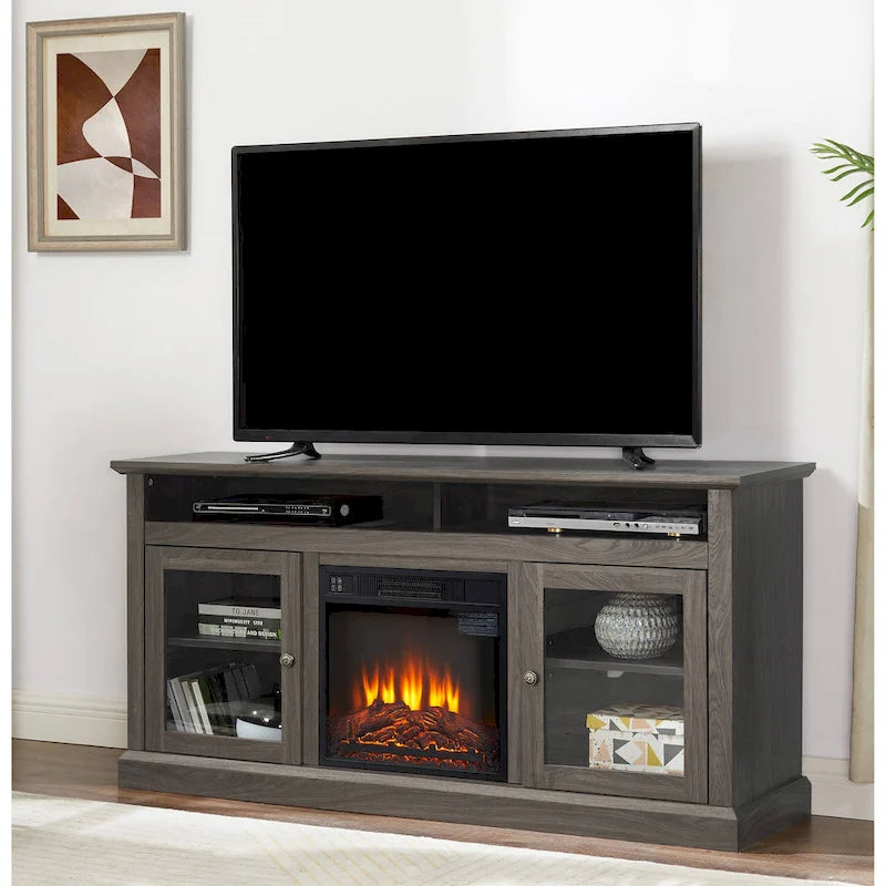 60 Fireplace TV Stand with Glass Doors and Open/Closed Storage for TVs Up to 65