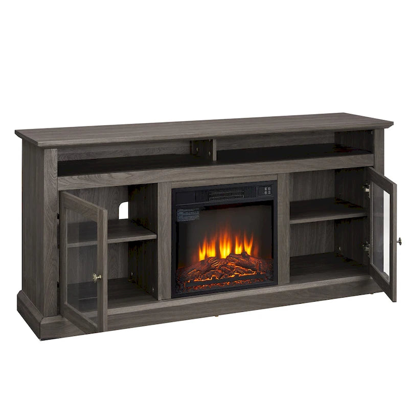 60 Fireplace TV Stand with Glass Doors and Open/Closed Storage for TVs Up to 65