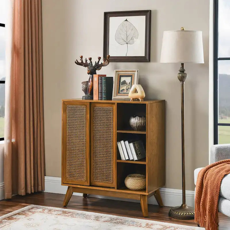 Mid Century Modern Rattan Sideboard Cabinet, Buffet Cabinet, Adjustable Shelf & Solid Wood Feet & Rattan Cabinet Doors