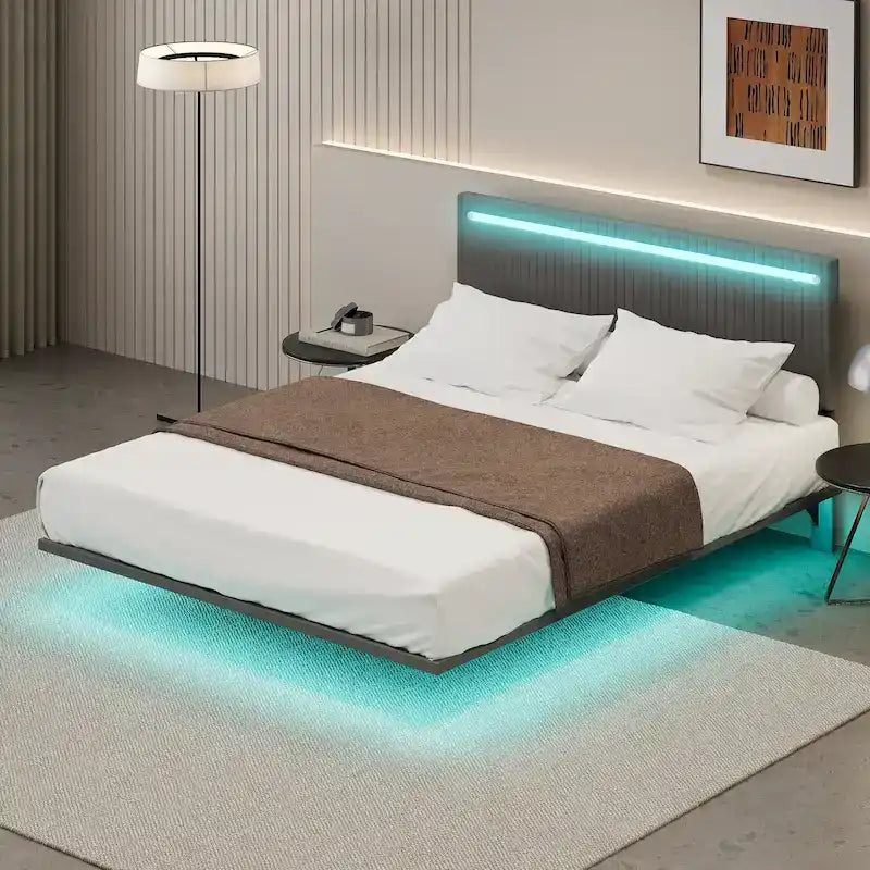 Modern King Size Bed Frame with LED Lights, Remote Control for Different Light Colors, Sensor Lights, No Box Spring Needed