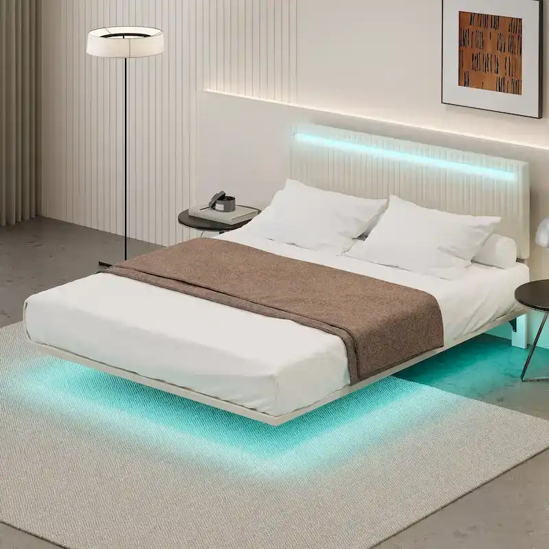 Modern King Size Bed Frame with LED Lights, Remote Control for Different Light Colors, Sensor Lights, No Box Spring Needed