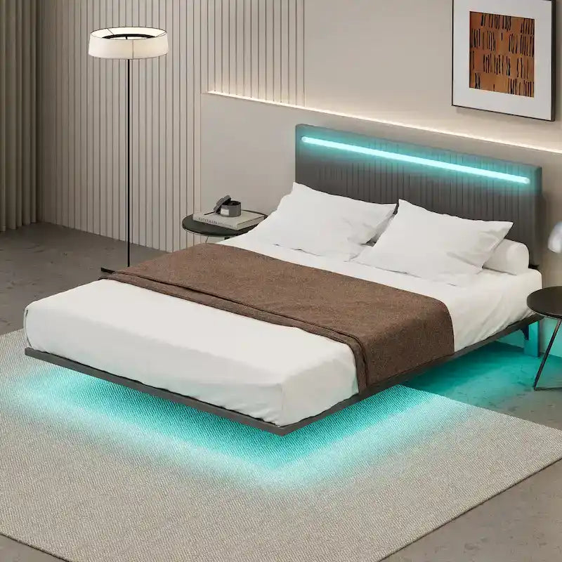 Modern King Size Bed Frame with LED Lights, Remote Control for Different Light Colors, Sensor Lights, No Box Spring Needed