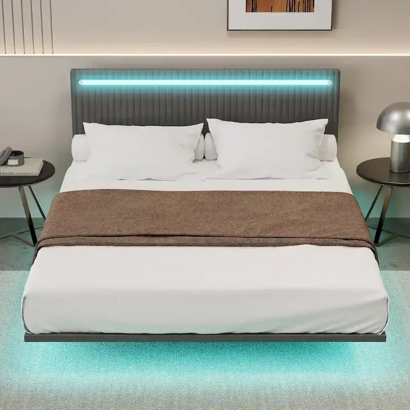 Modern King Size Bed Frame with LED Lights, Remote Control for Different Light Colors, Sensor Lights, No Box Spring Needed