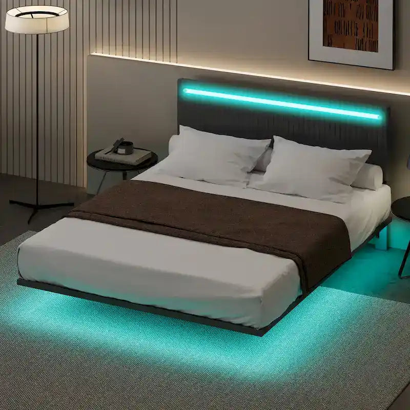 Modern King Size Bed Frame with LED Lights, Remote Control for Different Light Colors, Sensor Lights, No Box Spring Needed