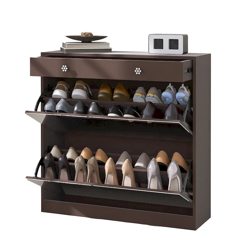 Mirror Shoe Cabinet with 2 Flip Drawers & Barn Door Design, Freestanding Shoe Cabinet Organizer with Drawer and Shelves