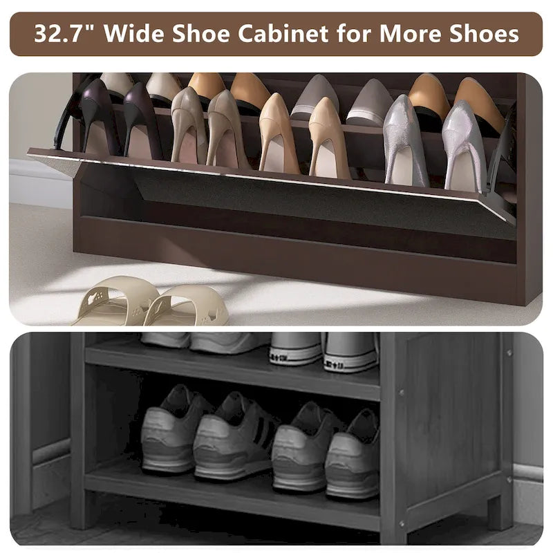 Mirror Shoe Cabinet with 2 Flip Drawers & Barn Door Design, Freestanding Shoe Cabinet Organizer with Drawer and Shelves