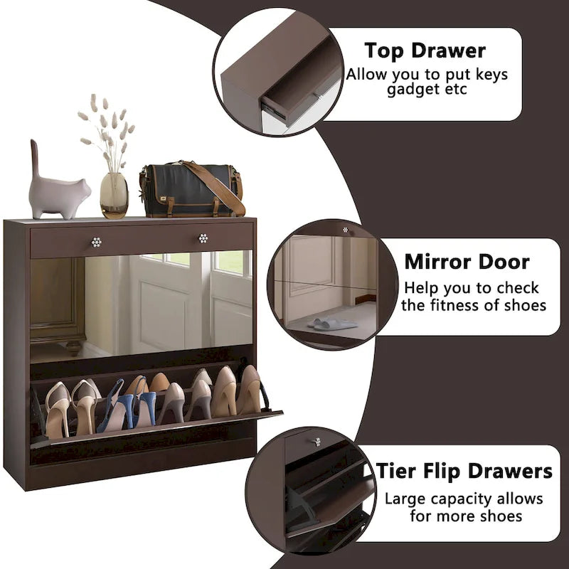Mirror Shoe Cabinet with 2 Flip Drawers & Barn Door Design, Freestanding Shoe Cabinet Organizer with Drawer and Shelves