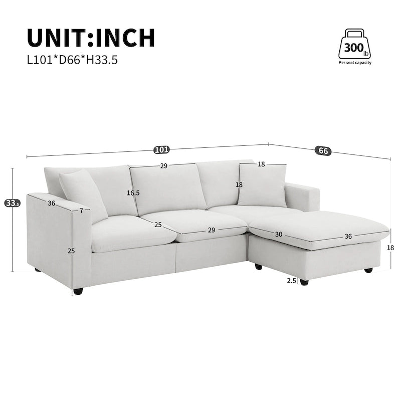 101 L-Shaped Cloud Sectional Sofa with Ottoman & Pocket Springs