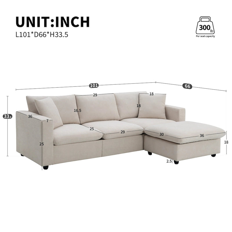 101 L-Shaped Cloud Sectional Sofa with Ottoman & Pocket Springs