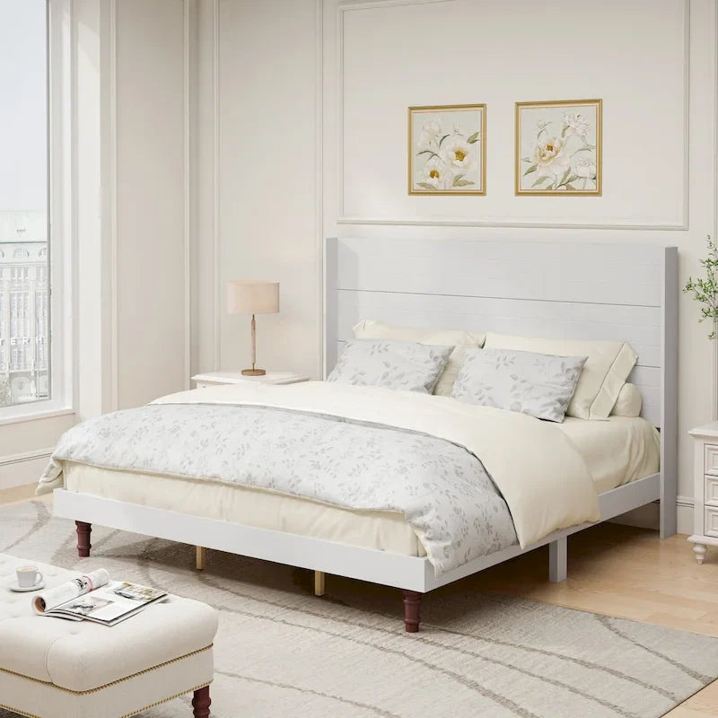 King Platform Bed with Elegant High Headboard & Comfortable Back