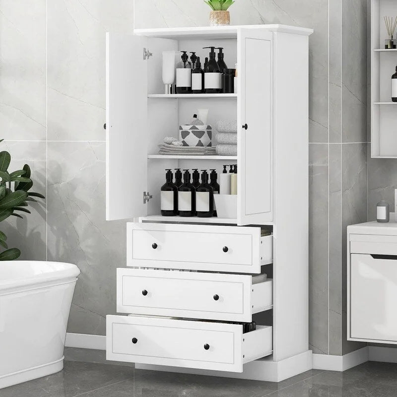 Freestanding Bathroom Cabinet with Doors & 3 Large Drawers, Adjustable Shelves