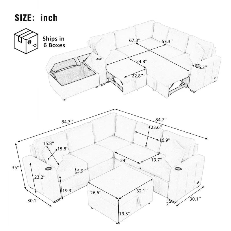 84.7 Modern L-shaped Sectional Sofa Set with a Movable Storage Ottoman and Pull-out Sofa
