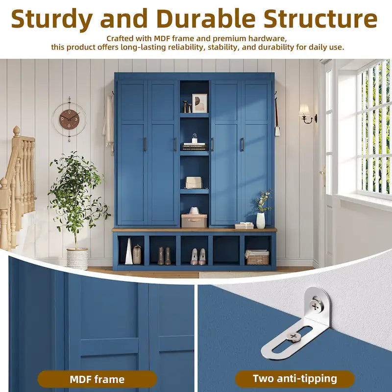 4-in-1 Hall Tree with 6 Hanging Hooks, Entryway Shoe Cabinet with Open Compartments, Wood Bench with Multiple Storage Space