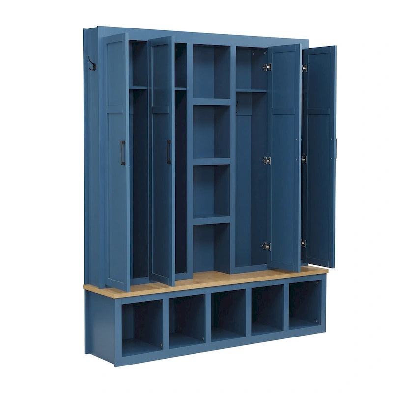 4-in-1 Hall Tree with 6 Hanging Hooks, Entryway Shoe Cabinet with Open Compartments, Wood Bench with Multiple Storage Space