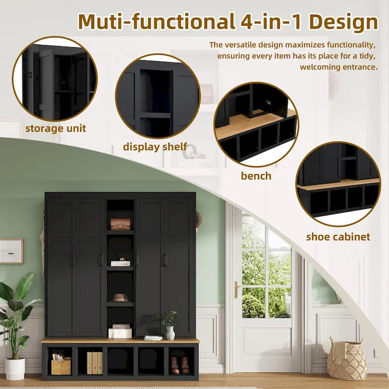 4-in-1 Hall Tree with 6 Hanging Hooks, Entryway Shoe Cabinet with Open Compartments, Wood Bench with Multiple Storage Space