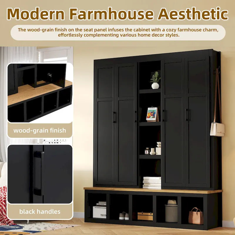 4-in-1 Hall Tree with 6 Hanging Hooks, Entryway Shoe Cabinet with Open Compartments, Wood Bench with Multiple Storage Space