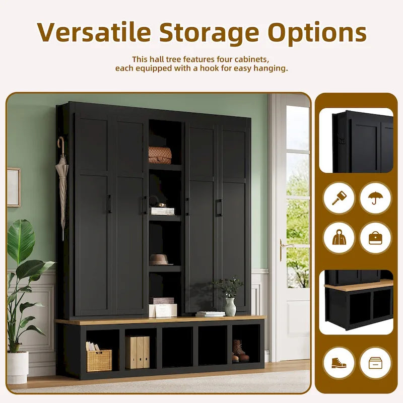 4-in-1 Hall Tree with 6 Hanging Hooks, Entryway Shoe Cabinet with Open Compartments, Wood Bench with Multiple Storage Space