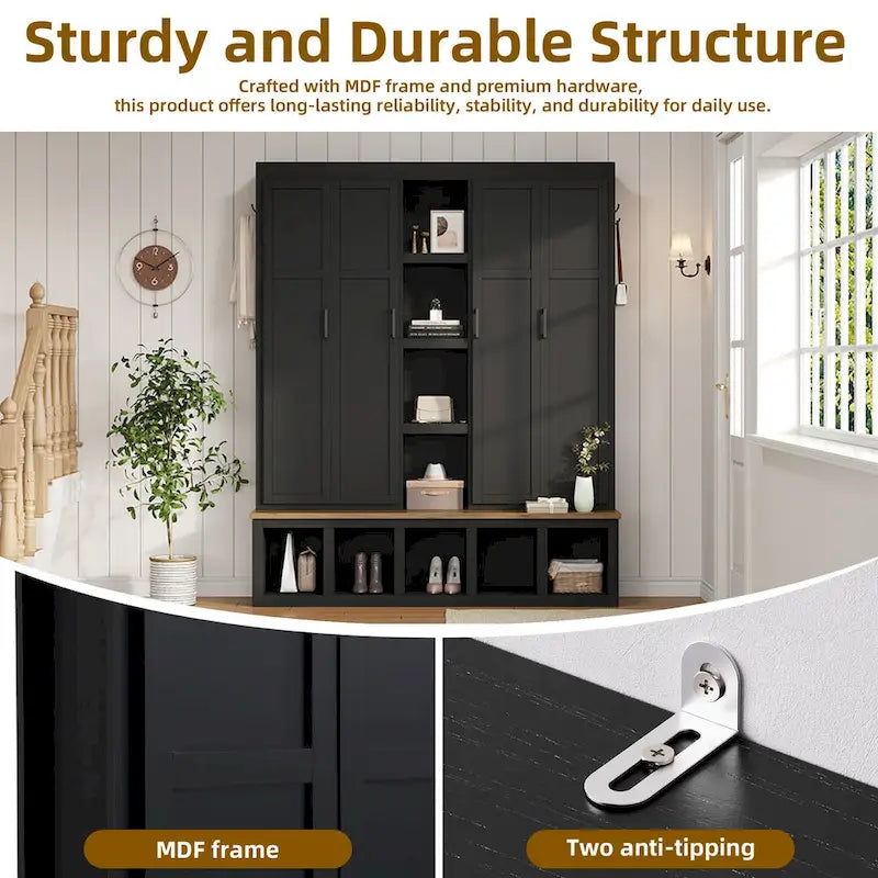 4-in-1 Hall Tree with 6 Hanging Hooks, Entryway Shoe Cabinet with Open Compartments, Wood Bench with Multiple Storage Space