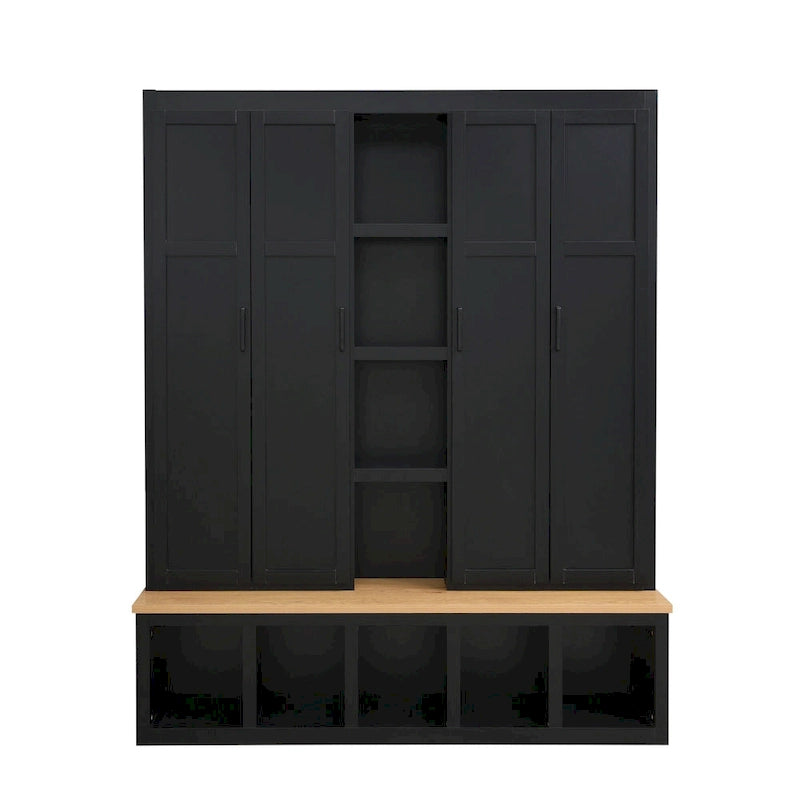 4-in-1 Hall Tree with 6 Hanging Hooks, Entryway Shoe Cabinet with Open Compartments, Wood Bench with Multiple Storage Space