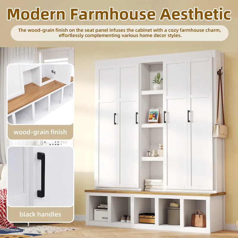 4-in-1 Hall Tree with 6 Hanging Hooks, Entryway Shoe Cabinet with Open Compartments, Wood Bench with Multiple Storage Space