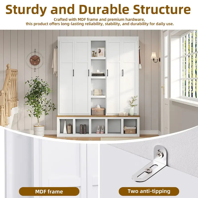 4-in-1 Hall Tree with 6 Hanging Hooks, Entryway Shoe Cabinet with Open Compartments, Wood Bench with Multiple Storage Space