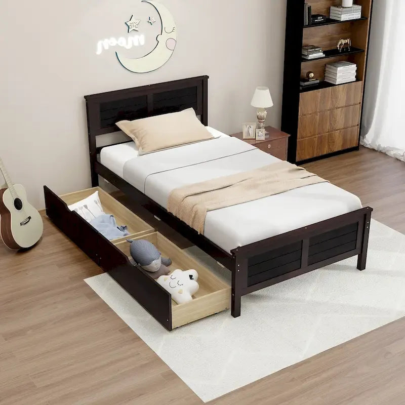 Gymax Twin Size Wooden Bed Frame with 2 Storage Drawers & Under-bed