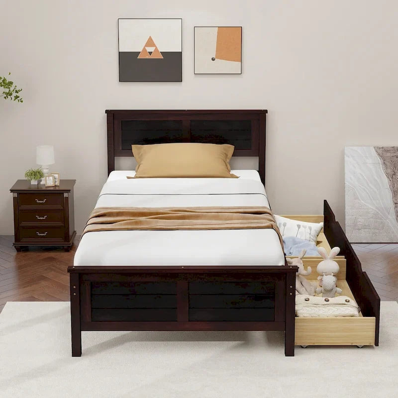 Gymax Twin Size Wooden Bed Frame with 2 Storage Drawers & Under-bed