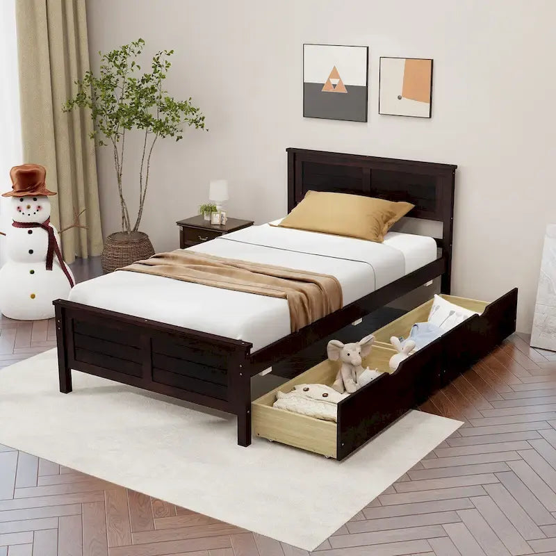 Gymax Twin Size Wooden Bed Frame with 2 Storage Drawers & Under-bed