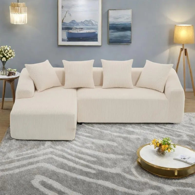 101.6 Corduroy L-Shaped Sectional Sofa with Chaise Lounge and 4 Pillows