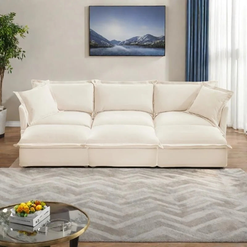 120 Chenille 3-Seater Sofa Set with 3 Ottomans, Sleeper Function & Removable Slipcovers