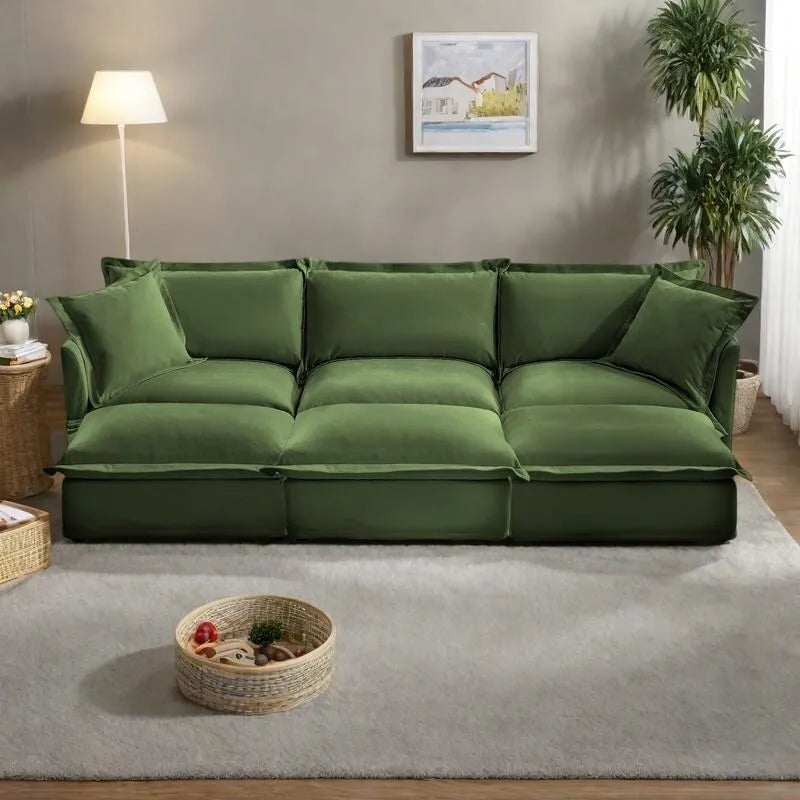 120 Chenille 3-Seater Sofa Set with 3 Ottomans, Sleeper Function & Removable Slipcovers