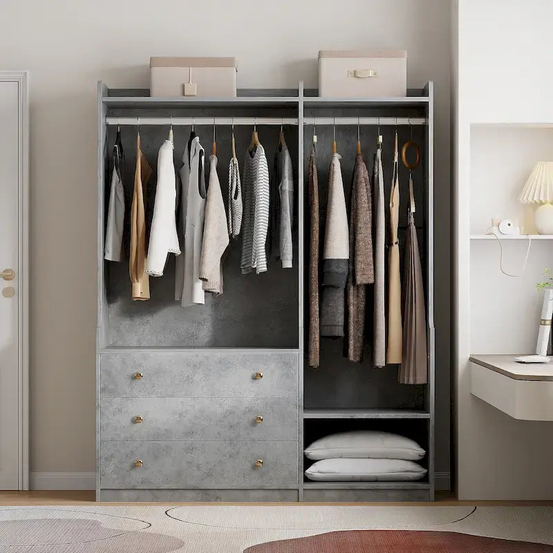 Open Wardrobe Armoire Closet, Armoire Wardrobe with 2 Hanging Rails and 3 Drawers, Wooden Wardrobe Storage Closets