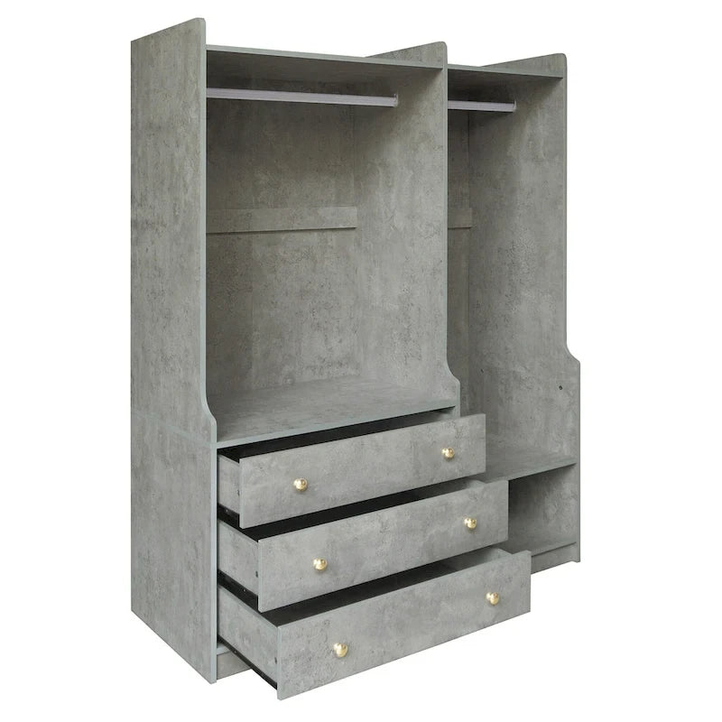 Open Wardrobe Armoire Closet, Armoire Wardrobe with 2 Hanging Rails and 3 Drawers, Wooden Wardrobe Storage Closets