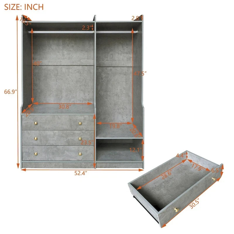 Open Wardrobe Armoire Closet, Armoire Wardrobe with 2 Hanging Rails and 3 Drawers, Wooden Wardrobe Storage Closets