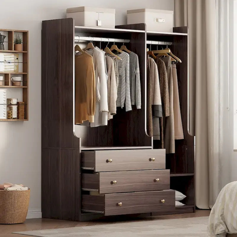 Open Wardrobe Armoire Closet, Armoire Wardrobe with 2 Hanging Rails and 3 Drawers, Wooden Wardrobe Storage Closets