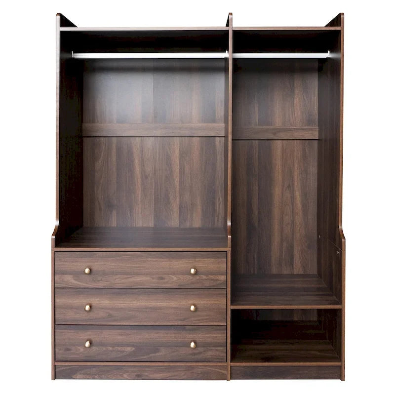 Open Wardrobe Armoire Closet, Armoire Wardrobe with 2 Hanging Rails and 3 Drawers, Wooden Wardrobe Storage Closets