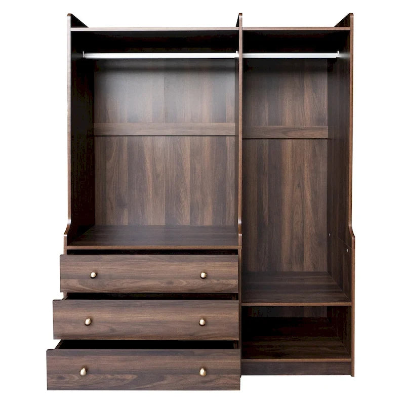 Open Wardrobe Armoire Closet, Armoire Wardrobe with 2 Hanging Rails and 3 Drawers, Wooden Wardrobe Storage Closets
