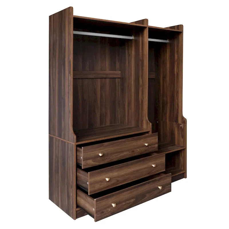Open Wardrobe Armoire Closet, Armoire Wardrobe with 2 Hanging Rails and 3 Drawers, Wooden Wardrobe Storage Closets
