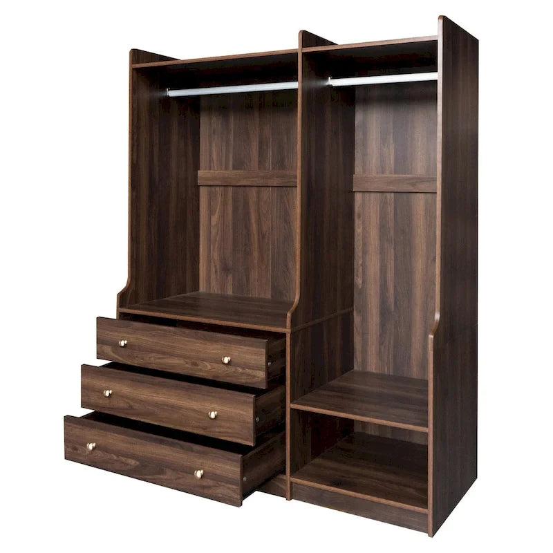 Open Wardrobe Armoire Closet, Armoire Wardrobe with 2 Hanging Rails and 3 Drawers, Wooden Wardrobe Storage Closets