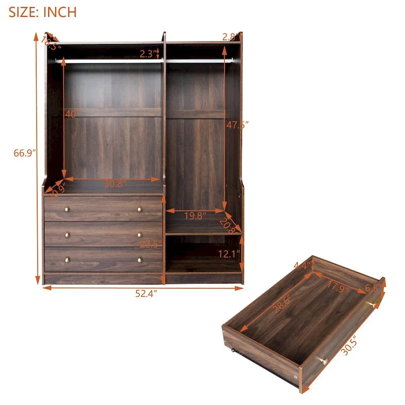 Open Wardrobe Armoire Closet, Armoire Wardrobe with 2 Hanging Rails and 3 Drawers, Wooden Wardrobe Storage Closets