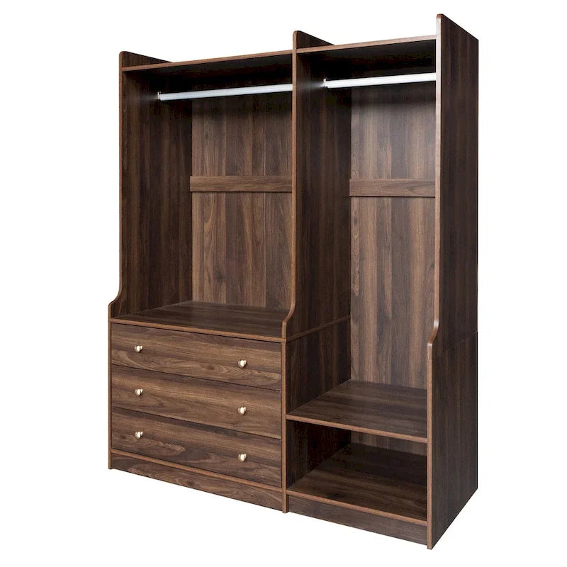 Open Wardrobe Armoire Closet, Armoire Wardrobe with 2 Hanging Rails and 3 Drawers, Wooden Wardrobe Storage Closets