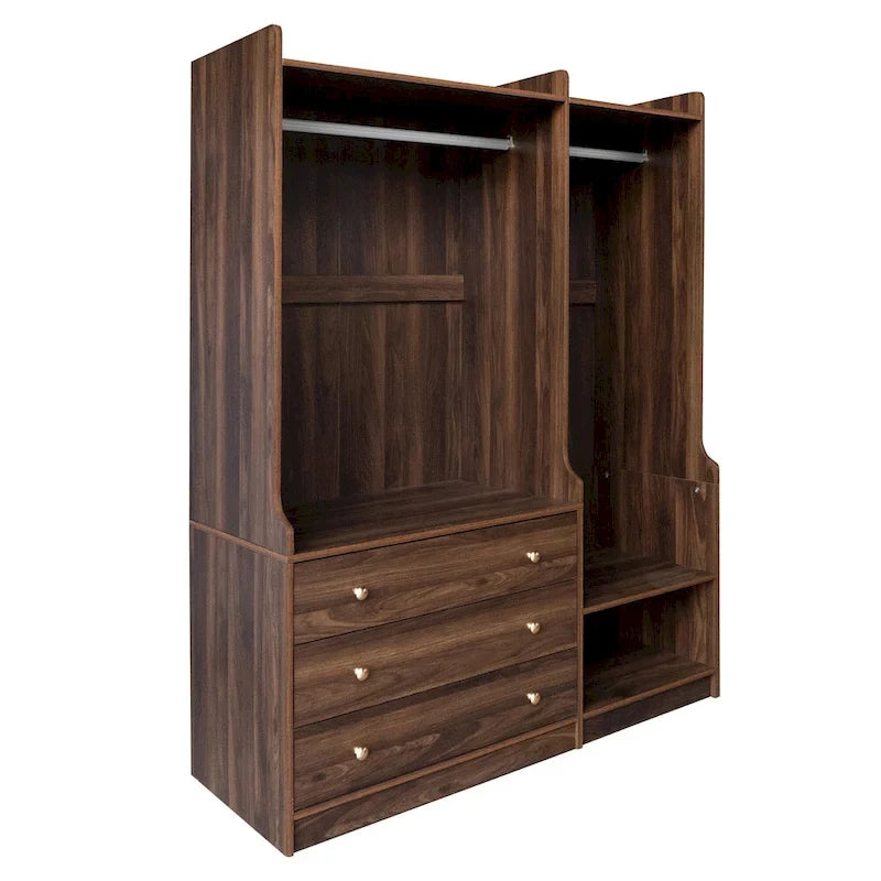 Open Wardrobe Armoire Closet, Armoire Wardrobe with 2 Hanging Rails and 3 Drawers, Wooden Wardrobe Storage Closets