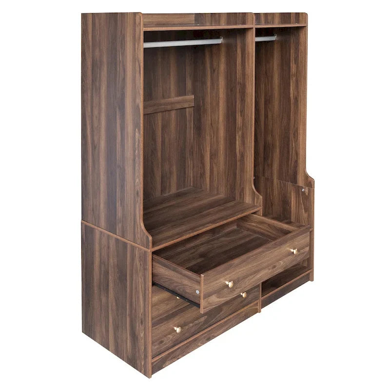Open Wardrobe Armoire Closet, Armoire Wardrobe with 2 Hanging Rails and 3 Drawers, Wooden Wardrobe Storage Closets
