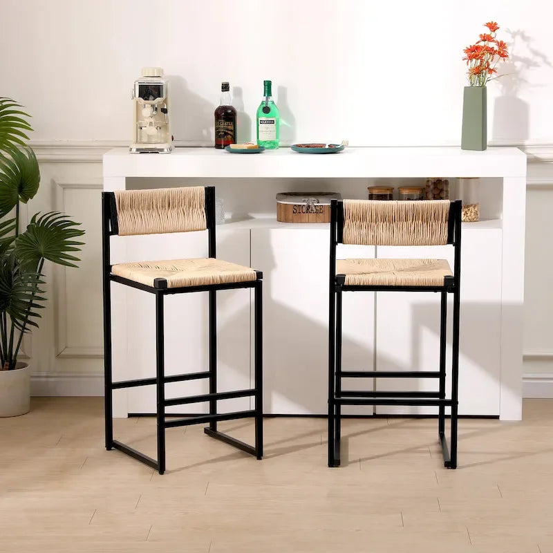 Counter Height Bar Stools Set of 2, Kichen Island Chairs with Back, Armless Dinning Room Chairs with Hand Weave