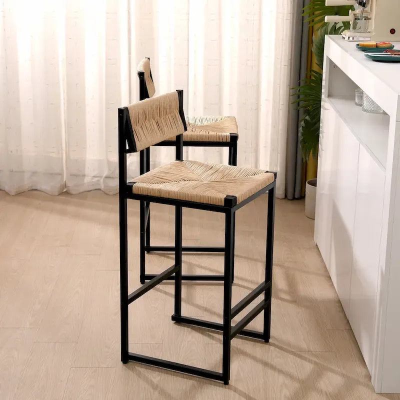 Counter Height Bar Stools Set of 2, Kichen Island Chairs with Back, Armless Dinning Room Chairs with Hand Weave