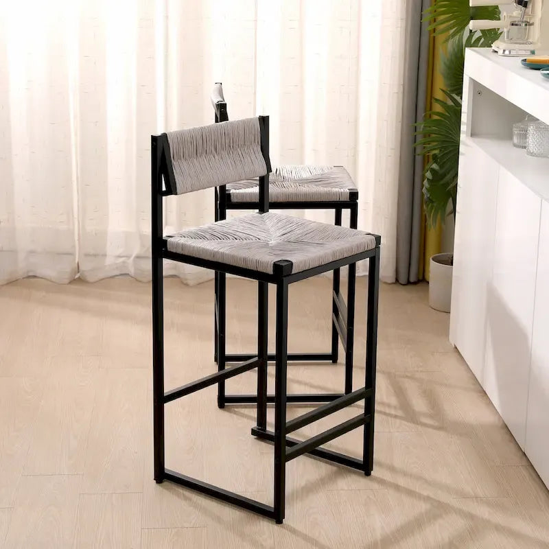 Counter Height Bar Stools Set of 2, Kichen Island Chairs with Back, Armless Dinning Room Chairs with Hand Weave