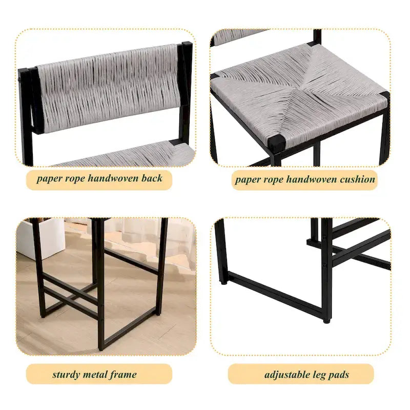 Counter Height Bar Stools Set of 2, Kichen Island Chairs with Back, Armless Dinning Room Chairs with Hand Weave